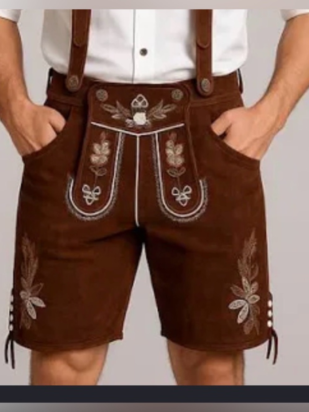 Chubbies Shorts Mens Brown Lederhosen Suede Leather Embroidered